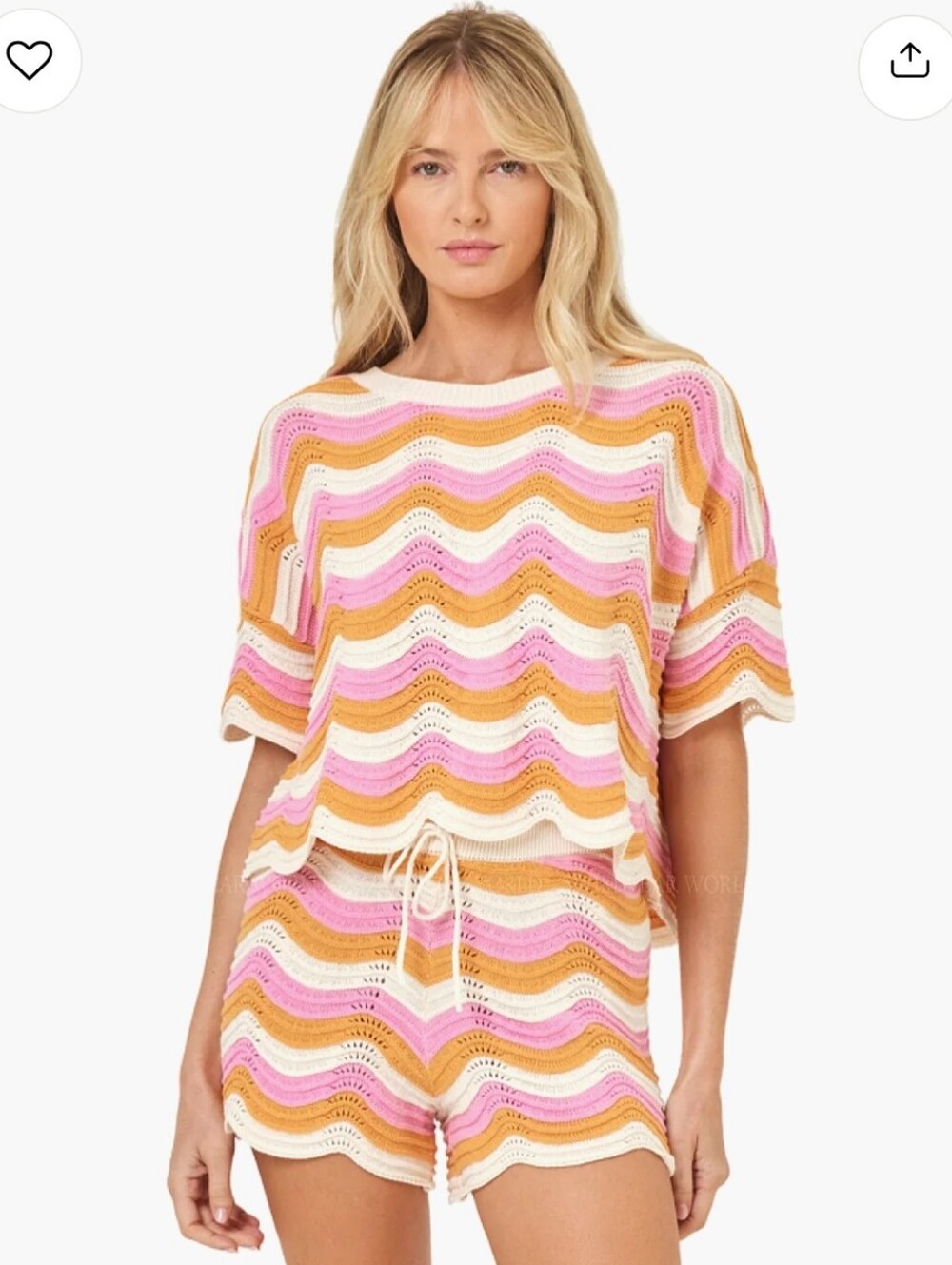 l*space Striped Crochet Wave Knit Top in Pink, White & Tan